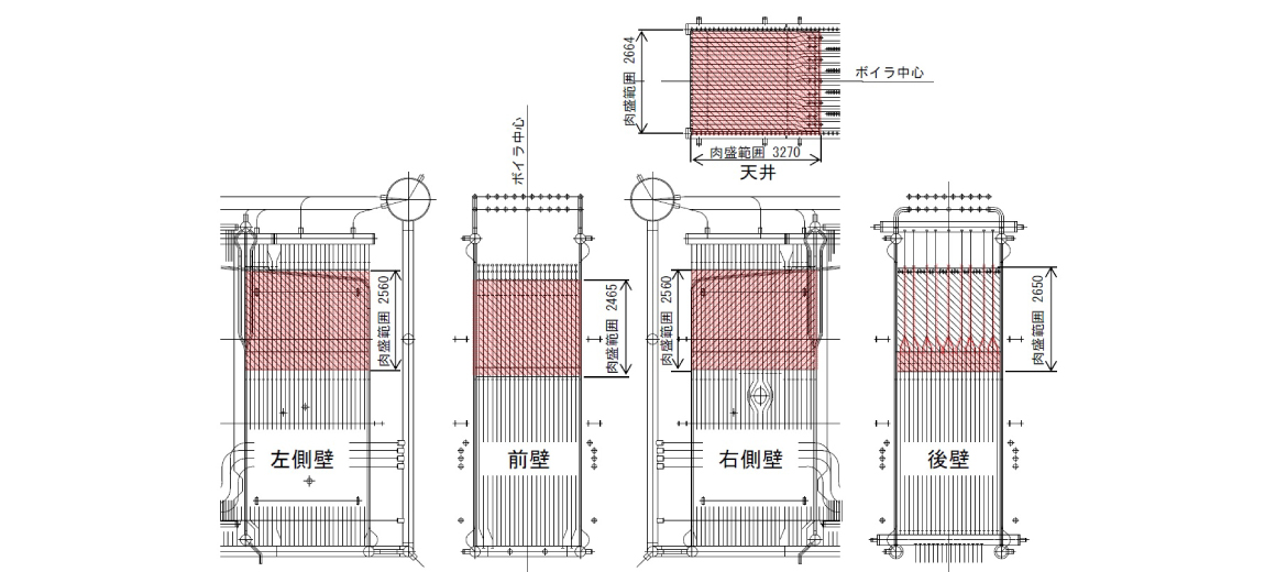 図2　ボイラ1パス耐圧部肉盛溶接範囲